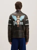 Palm Angels Crystal PIN Up Leather Biker Brown - Off Back Side