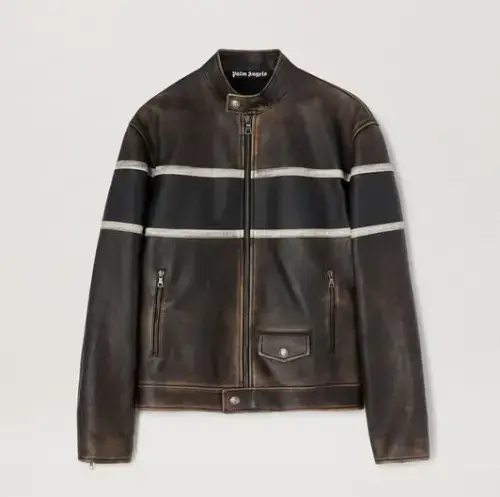 Palm Angels Crystal PIN Up Leather Biker Brown - Off Front Side