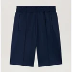 Palm Angels Back Curved Logo Track Shorts Front View in Navy Blue