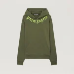 Palm Angels Neck Logo Hoodie Fron In Army Green