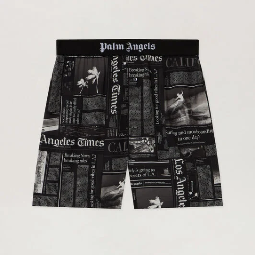 Front view of Palm Angels PaxLaTimes Drawstring Shorts with graphic print